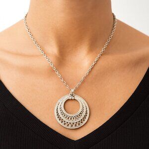 Silver Geometric Circle Pendant Necklace – Boho Filigree Statement Jewelry